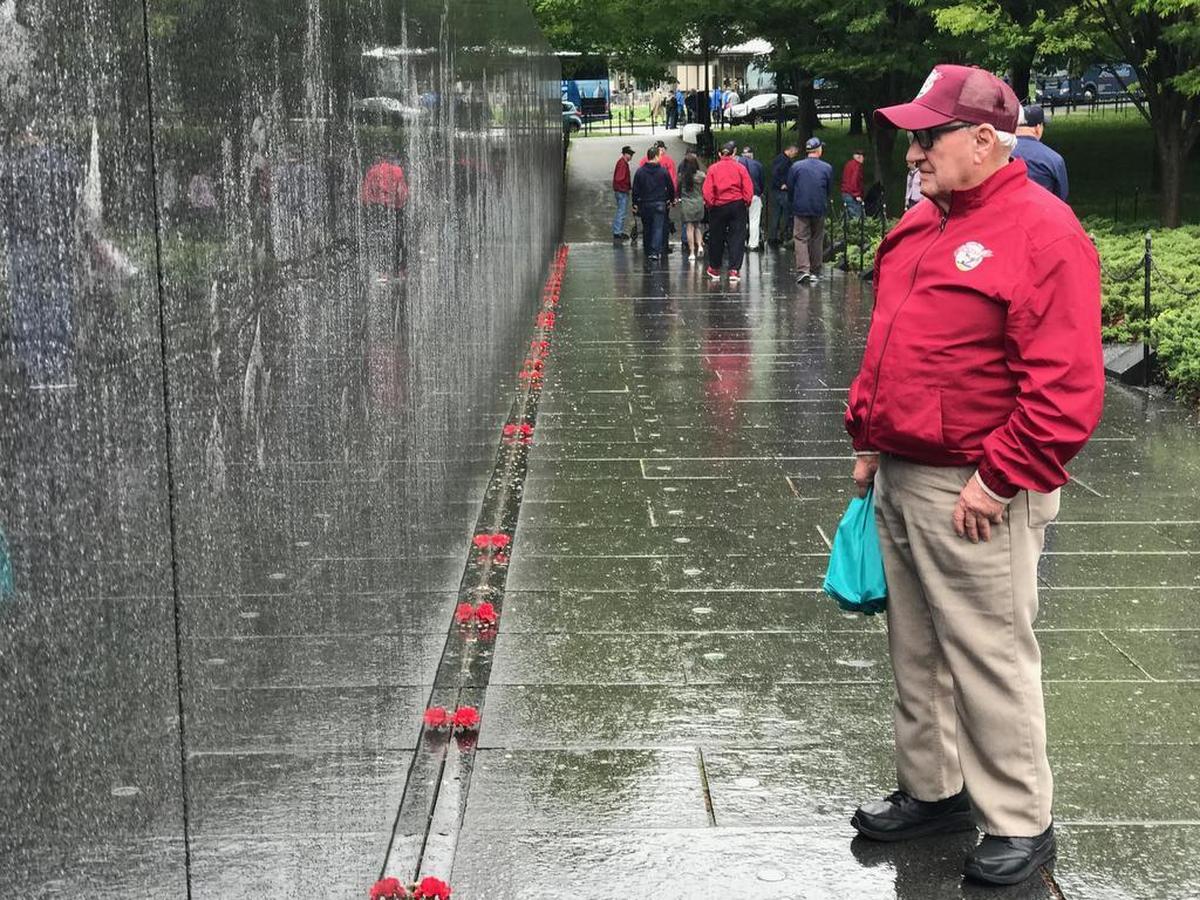 Korean War veteran John Arambel, 87, of Los Banos takes in the wall at the Korean War Memorial in Washington, D.C., on Tuesday. Arambel was a member of the Central Valley Honor Flight that left Fresno on Monday, April 24, 2017.
