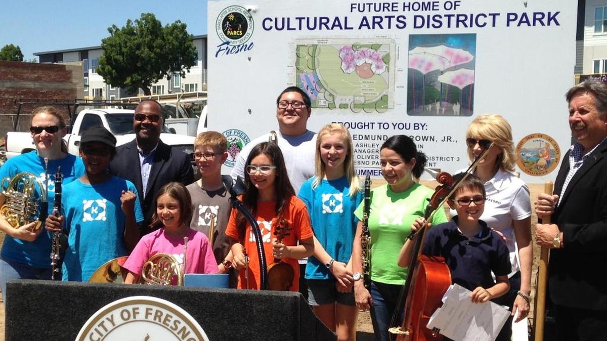Students from Kepler Neighborhood School’s music ensemble performed Friday at the groundbreaking for the new Cultural Arts District Park in downtown Fresno with city of Fresno officials, Councilman Oliver Baines, Mayor Ashley Swearengin and City Manager Bruce Rudd.