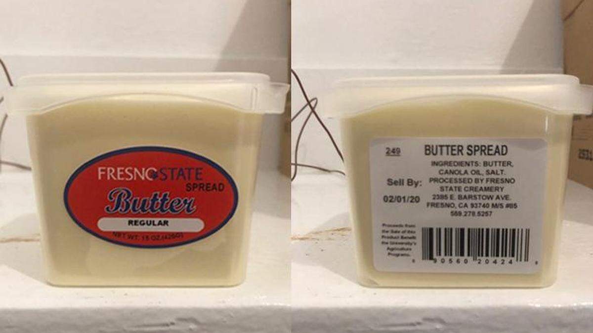 Fresno State’s creamery issued a voluntary recall on Wednesday, Sept. 18, 2019, for 15-ounce tubs of butter spread because of possible listeria monocytogenes bacteria contamination. About 40 tubs with the product code 249 and sell-by dates of 02/01/20 or 08/01/20 on the back label were sold through the university’s Gibson Farm Market.