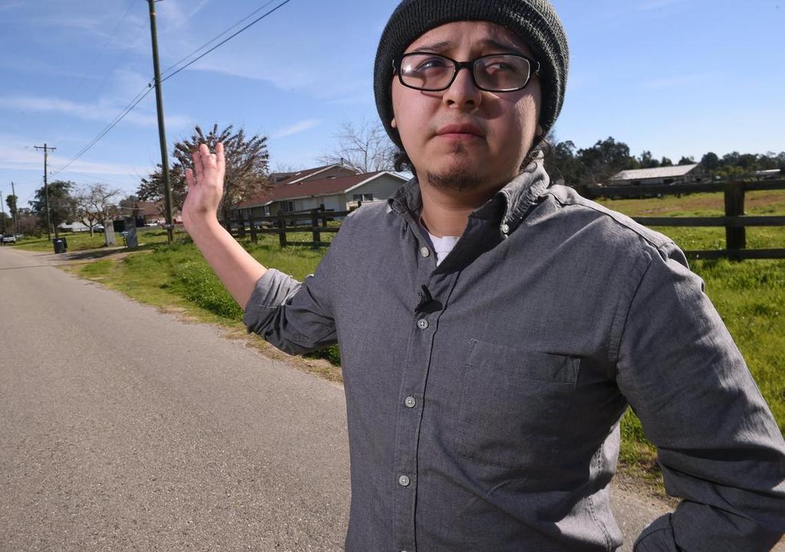 Aurelio Fuentes, 21, talks about finding an infant around 4 a.m. on Avenue 13 1/2, west of Road 36 in Madera Ranchos early Monday morning, Feb. 11, 2019 while delivering newspapers.