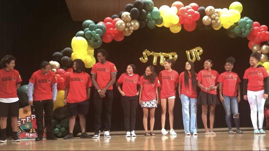 Bullard, Edison and Sunnyside students a part of the Gugu House laugh together as they prepare to chant during a August 11 program launch for HBCU Step Up. The program will offer students dual enrollment, support services and cultural education about a college experience at a Historically Black College or University (HBCU).
