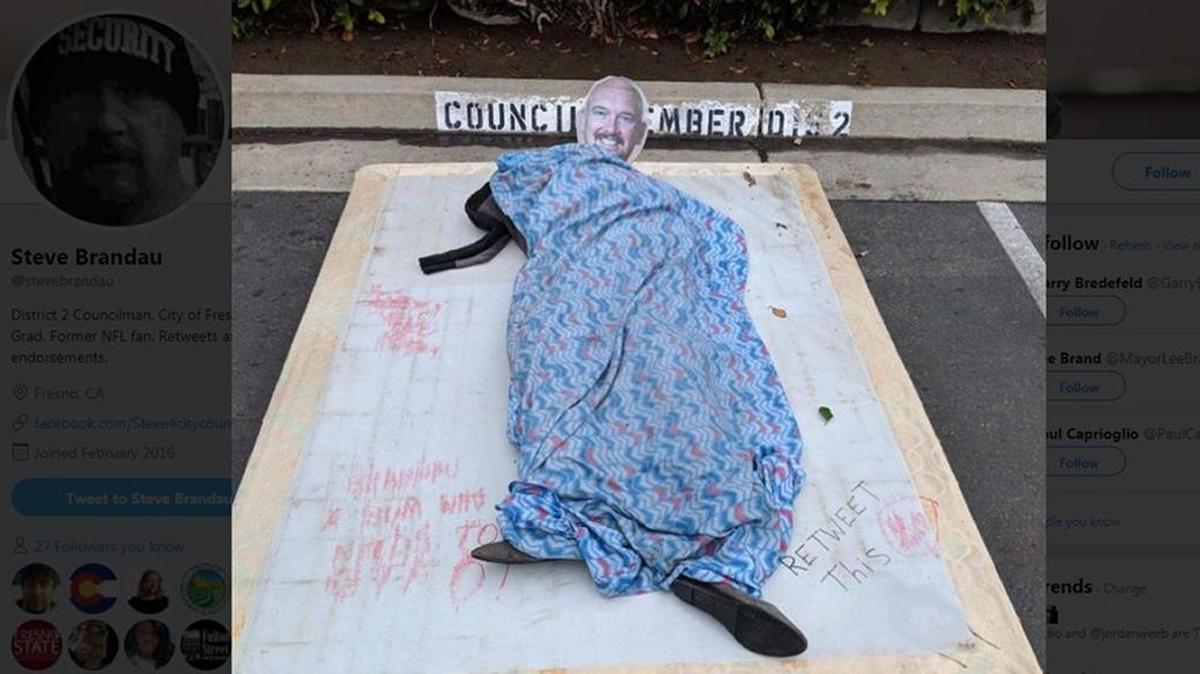 Steve Brandau posted this picture on social media. An effigy of the Fresno councilman, fashioned as a homeless person, was placed in his parking space at City Hall on Tuesday, Jan. 16