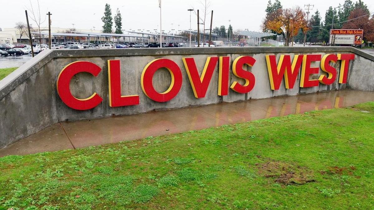 The Clovis West High School sign on the school campus at the corner of Teague and Millbrook.