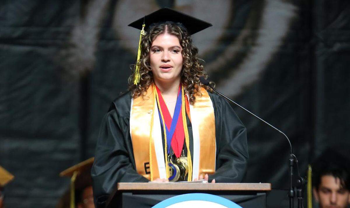 Valedictorian speaker Noune Kaschichyan, whose family fled Syria about seven years ago, addressed the graduates during the Edison High School graduation ceremony at the Save Mart Center on June 5, 2023.