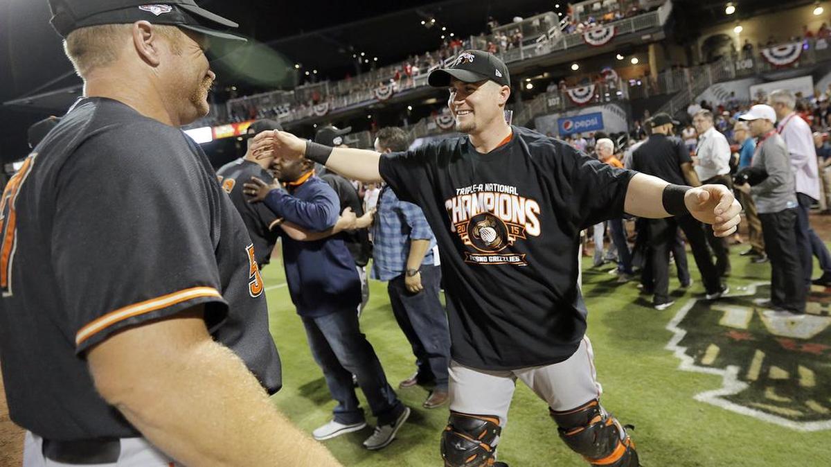 
The Fresno Grizzlies celebrate their 7-0 win over Columbus to win the MiLB National Championship Tuesday night in El Paso.
