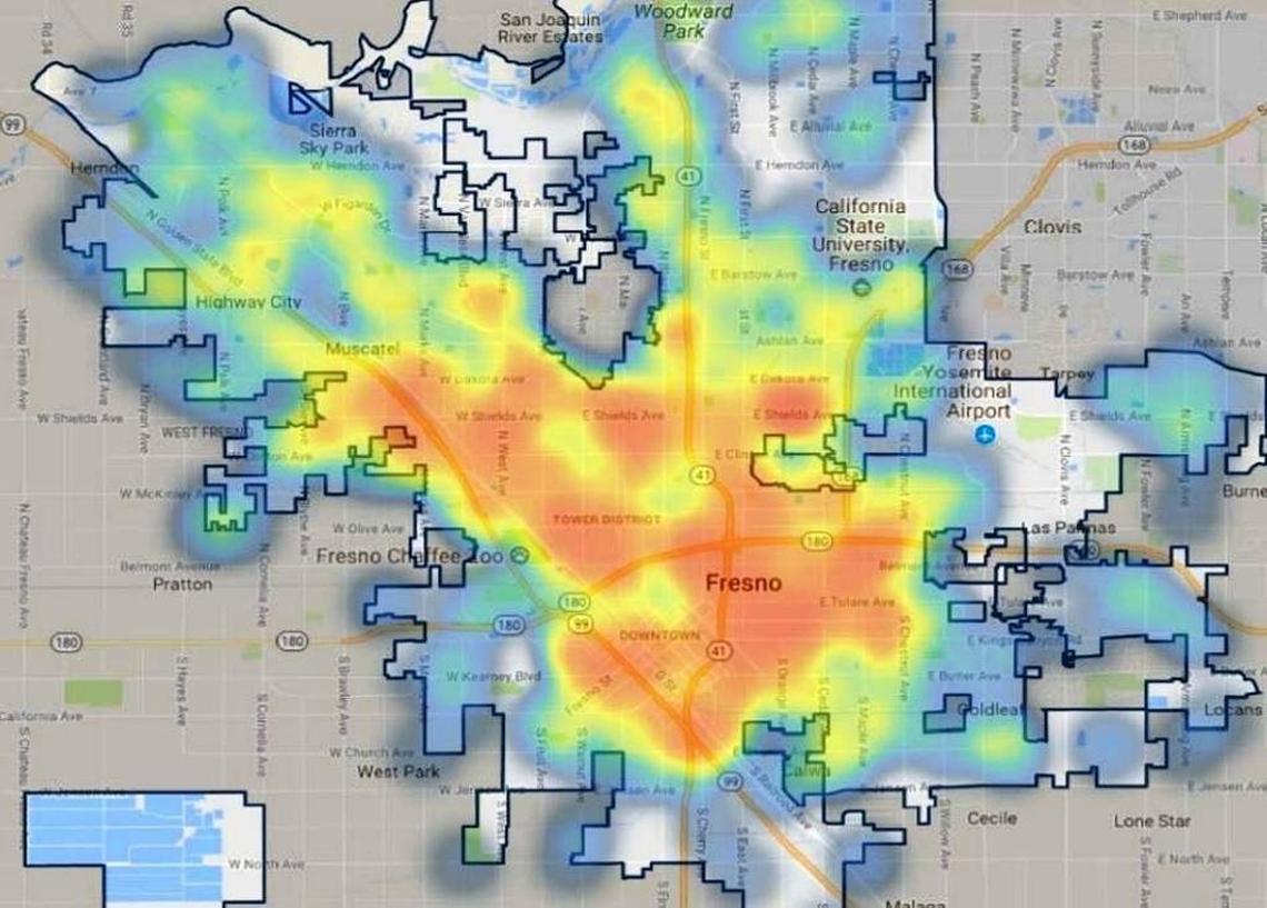 A “heat map” prepared by Fresno’s Solid Waste Management Division shows the heaviest concentration of sites where illegal dumping is reported across the city. The redder the area, the more dumping is reported.