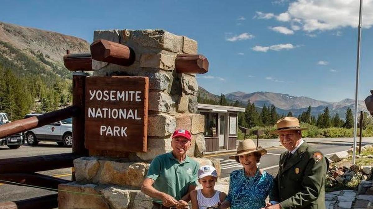 
Former first lady and National Park Service Centennial co-chair Laura Bush helped re-dedicate Tioga Road in Yosemite National Park on Tuesday. Joining her, left to right, were Yosemite Conservancy vice president Jerry Edelbrock, Samantha Elliott, and Yosemite National Park Superintendent Don Neubacher.
