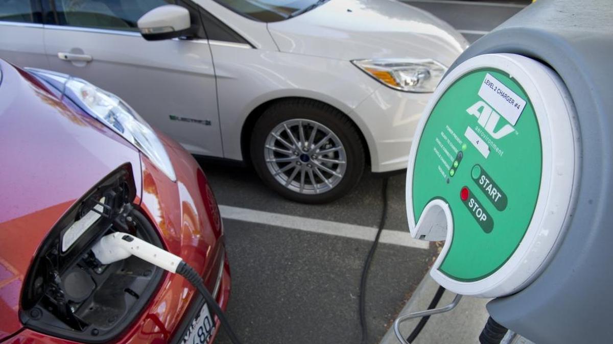 An electric vehicle charger in Sacramento is seen in August 2014. State workers in some California departments have been instructed not to charge their personal electric vehicles at work, including the Department of Fish and Wildlife, which issued the directive in an Oct. 12 memo.