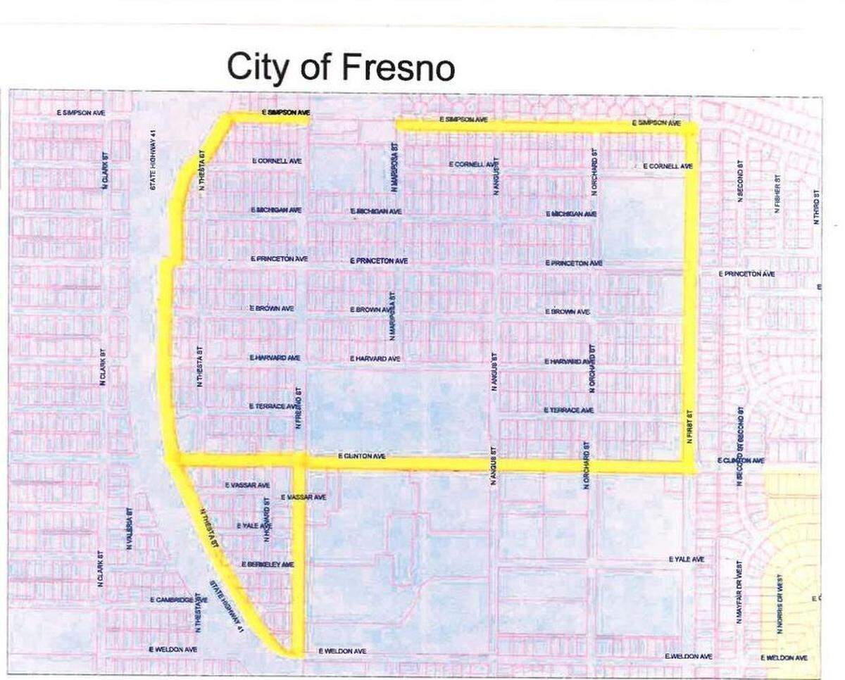 A map depicts the boundaries for a new residential parking district near the Veterans Affairs Medical Center in central Fresno.