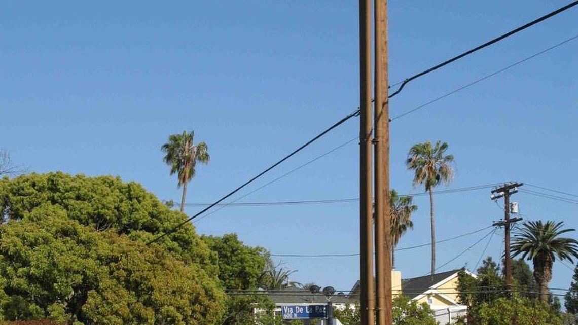 A cell phone tower was built next to a sidewalk in a public right-of-way in Los Angeles.