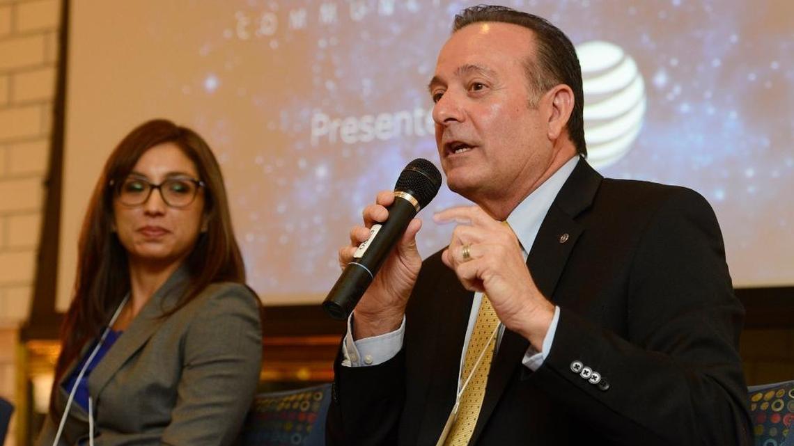 In this 2015 photo, Fresno County Superintendent of Schools Jim Yovino, seated next to First 5 Fresno County Director Emilia Reyes, talks about raising graduation rates.