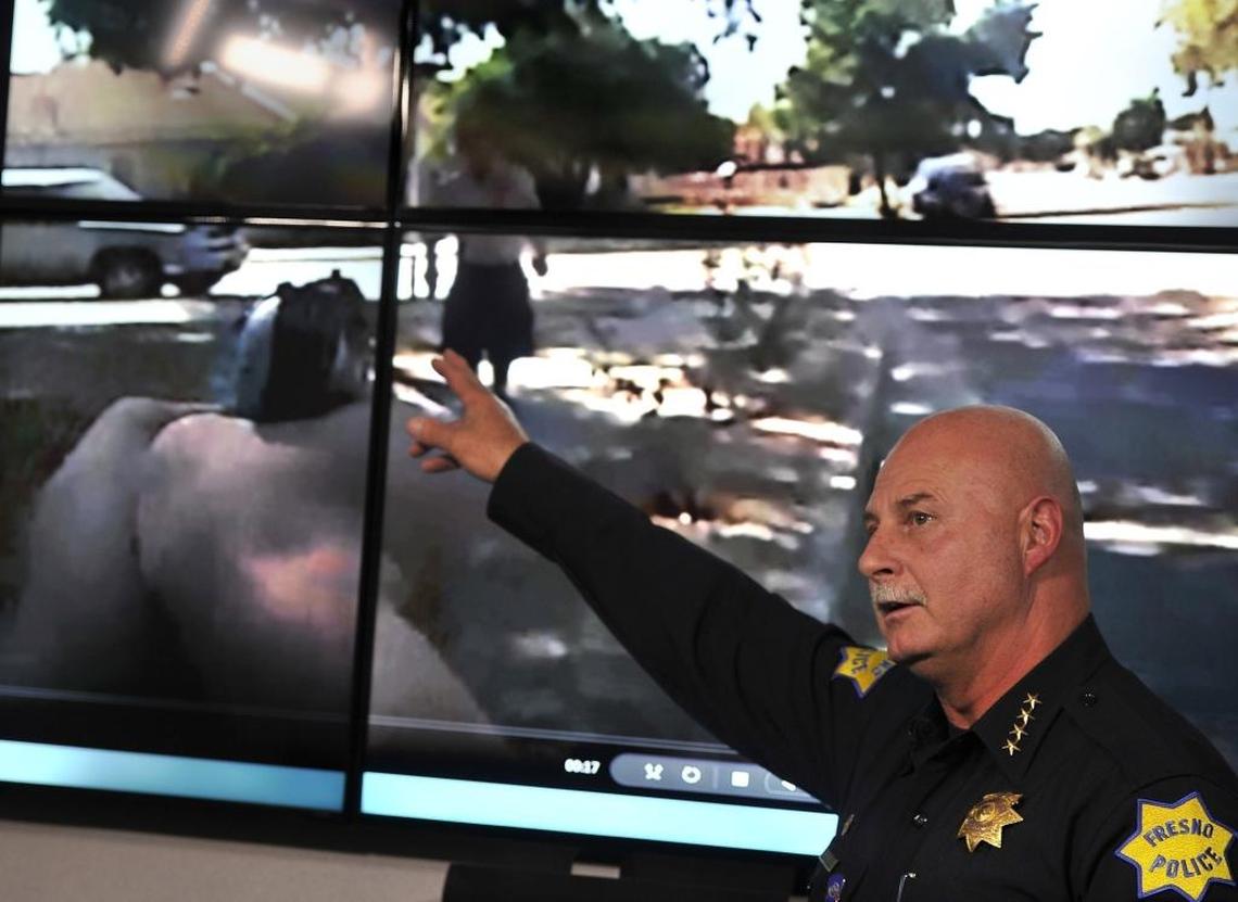 Fresno Police Chief Jerry Dyer shows the police body cam footage of the shooting of Freddy Centeno in September, in which it appears Centeno was reaching into his waistband and pull out the garden hose nozzle.
