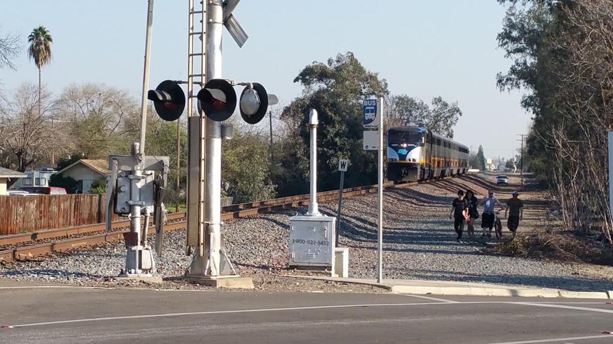 A southbound Amtrak hit and killed a pedestrian in central Fresno on Saturday.