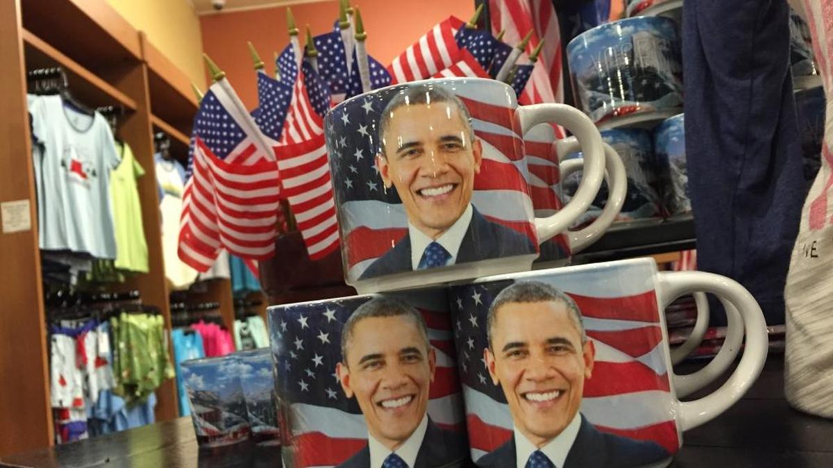Mugs featuring President Barack Obama’s smiling face were on sale Saturday, June 17, 2016, at the Yosemite Village gift shop.