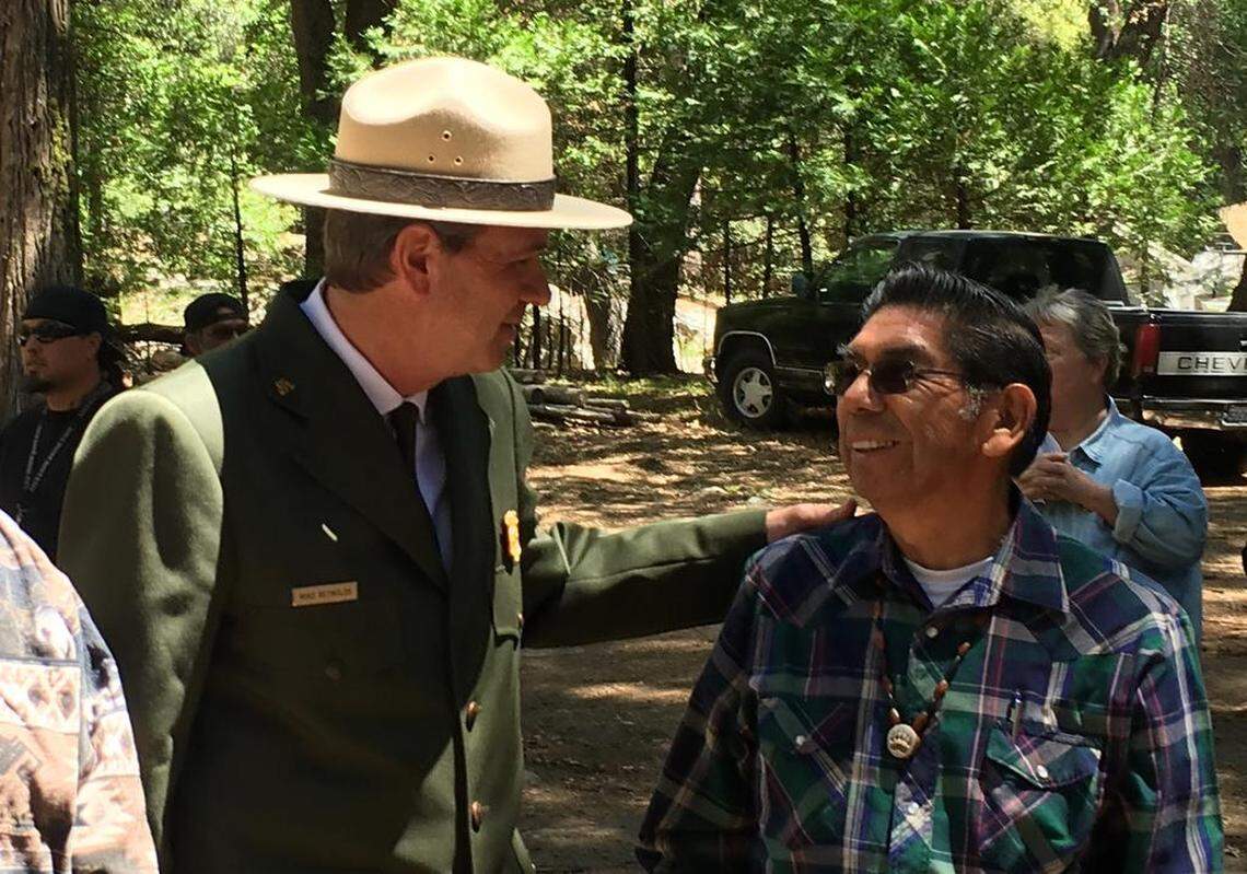 Yosemite National Park Superintendent Michael Reynolds and Wahhoga Committee Chairman Les James at the Wahhoga village site in Yosemite Valley on Friday.