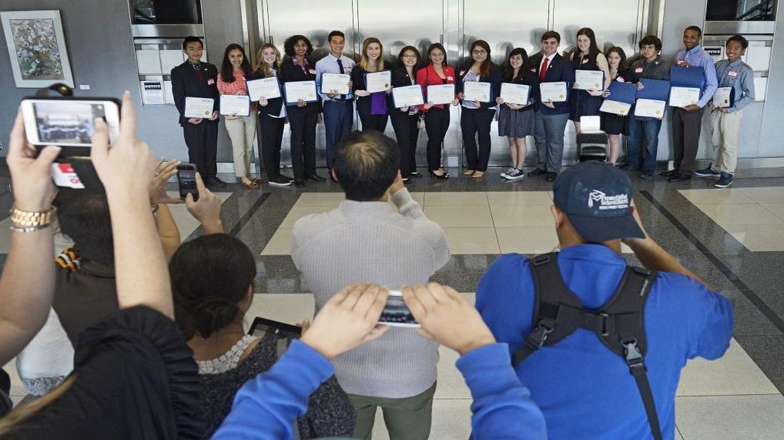 Sixteen appointees are photographed together following Thursday’s Fresno City Council meeting where they were officially sworn in as the city’s Youth Commission. The advisory group will focus on issues of interest to youth.