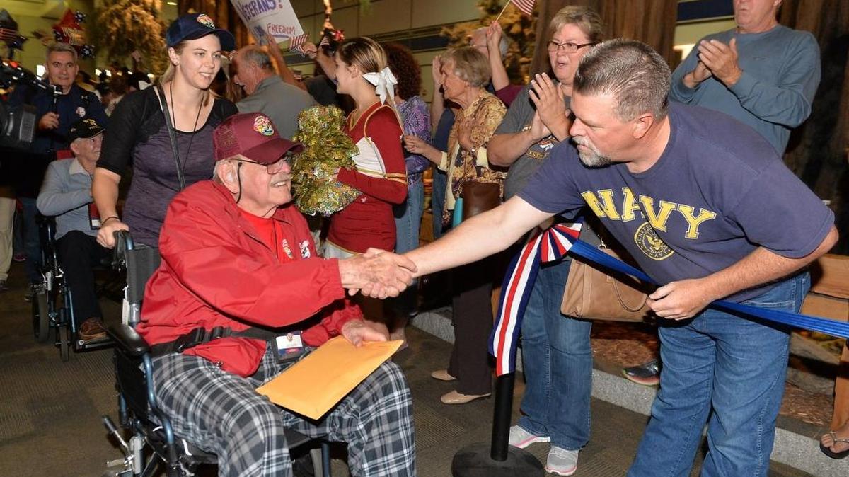 Central Valley Honor Flight veterans return home to Fresno Yosemite International Airport last October. Another flight will leave for Washington D.C. on Monday, April 24, 2017.