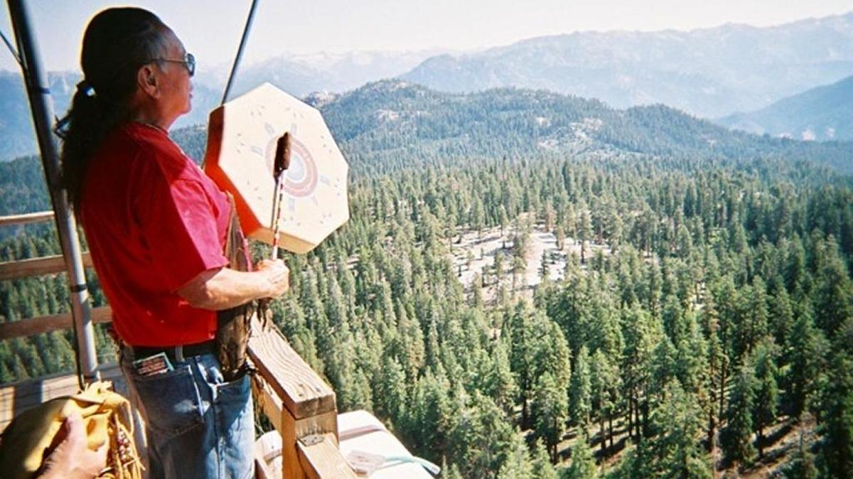 Eddie “Tupishna” Sartuche administers a Native American blessing at the Buck Rock Lookout in Giant Sequoia National Monument.