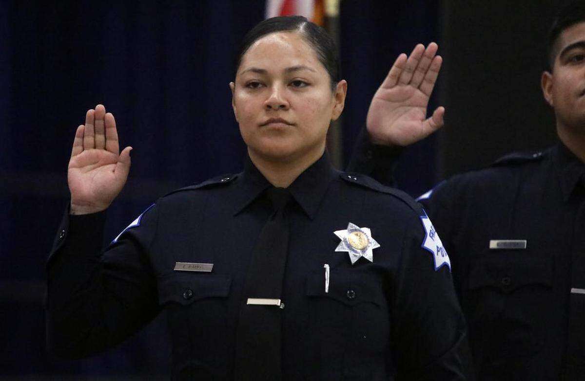 New Fresno Police Officer Linda Ramos participates in the Sept. 1, 2023 ceremony at the Fresno Convention Center.