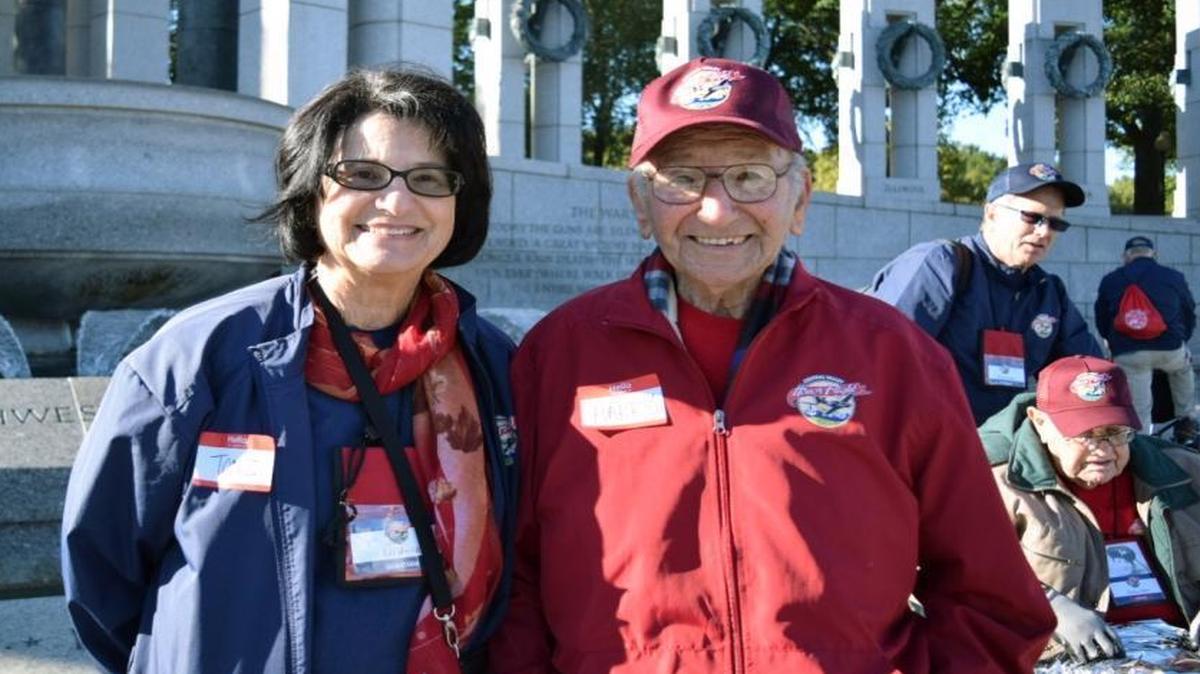 World War II veteran Harry Nicholas and his daughter, Toni Glosson, during their visit to the World War II Memorial on Tuesday, Oct. 25, 2016. They were part of the 12th Central Valley Honor Flight to Washington.