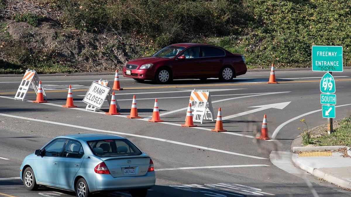 The ramp to southbound Highway 99 on Tuolumne Boulevard was closed for several hours while a large pothole was repaired by Caltrans in Modesto on Tuesday, Dec. 15, 2015.