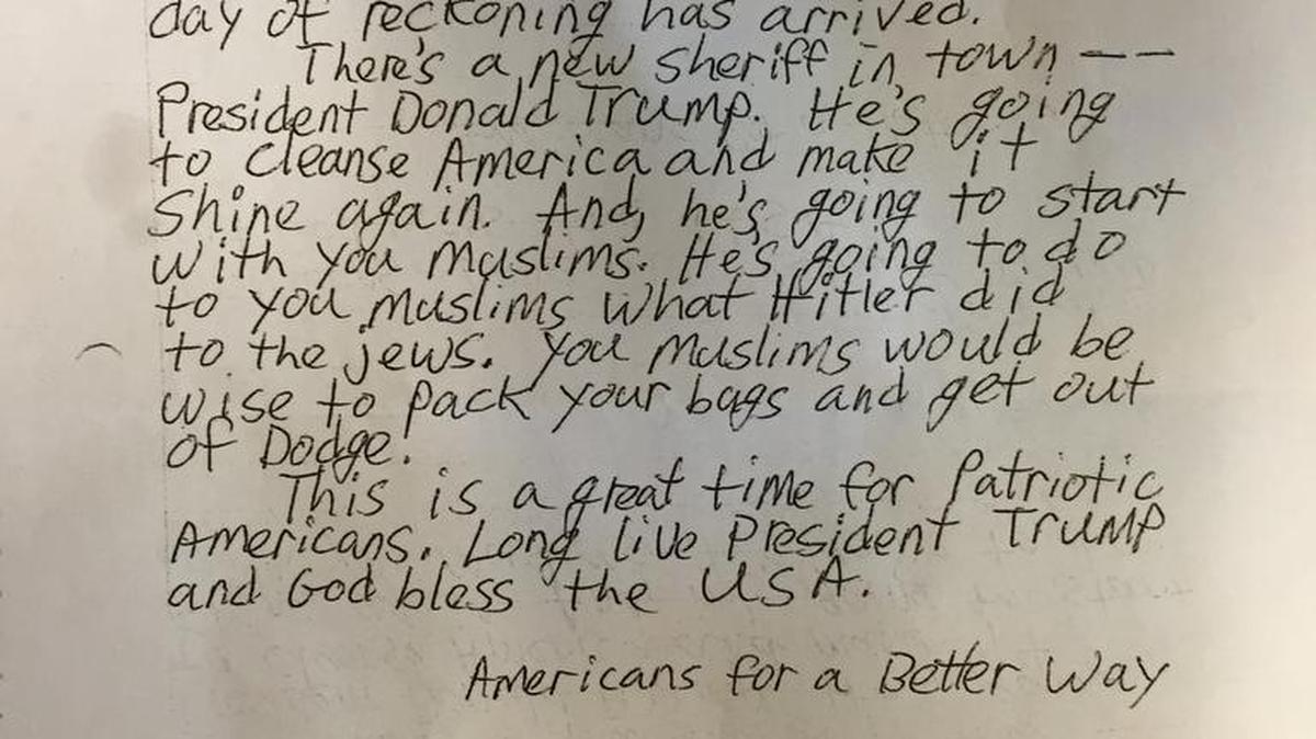 A copy of the letter sent to the Fresno Islamic Cultural Center.