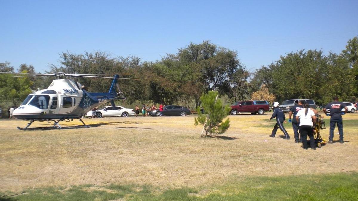 A man in his 40s was injured Sunday after diving into a shallow part of the San Joaquin River and was airlifted from Skaggs Bridge Park in Kerman to Community Regional Medical Center in Fresno, Fresno fire said.