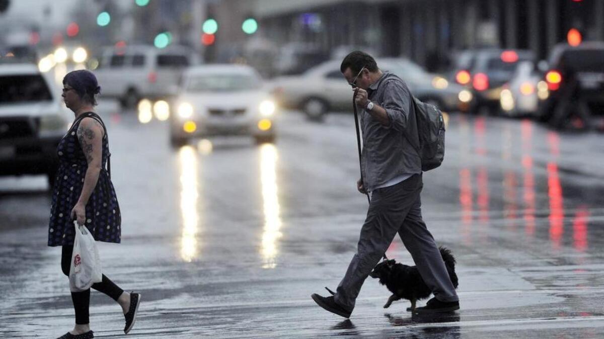 A man, woman, and dog cross Van Ness Avenue as rain falls in downtown Fresno late Saturday afternoon. Rain is expected to continue through Monday.