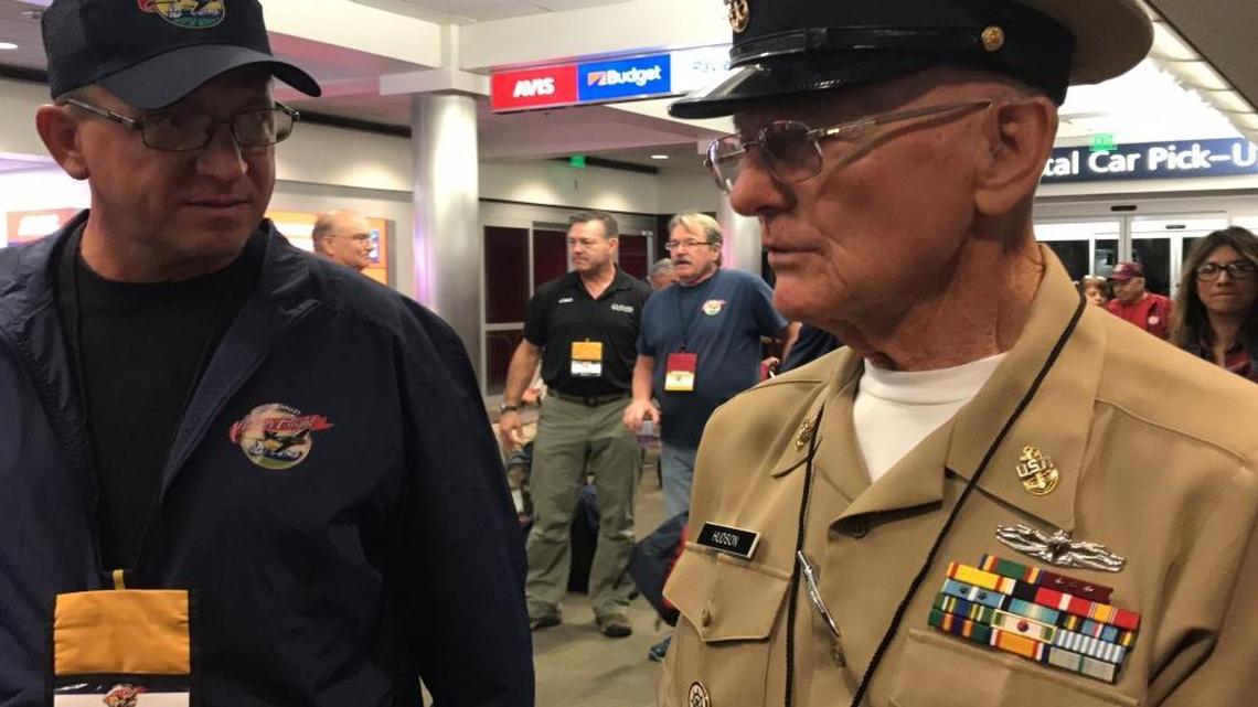 Charles Hudson, 84, of Reedley, wearing his original Navy uniform, waits for the ceremonial procession to board the Central Valley Honor Flight at Fresno Yosemite International Airport for Washington D.C. on Oct. 9, 2017.