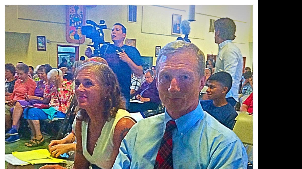 
NextGen Climate President Tom Steyer and his wife, Kat Taylor, at left, addressed more than 200 people at St. Anthony Mary Claret Catholic Church in southeast Fresno on Wednesday evening, connecting Pope Francis’ call to protect the environment with the work of local activists. Other speakers included a delegation of faith leaders from the central San Joaquin Valley who reflected on attending a gathering with Pope Francis in Bolivia earlier this month.
