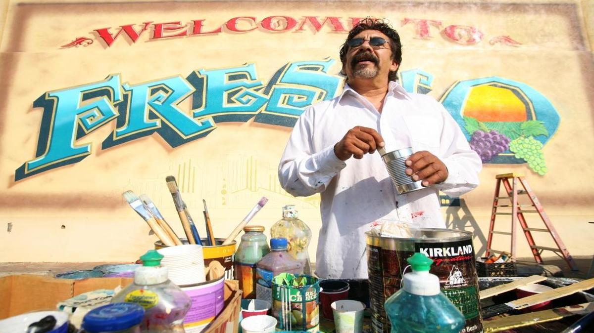 
FranCisco Vargas’ “Welcome to Fresno” mural was an icon in the Fresno downtown area. In 2008 he repainted it.
