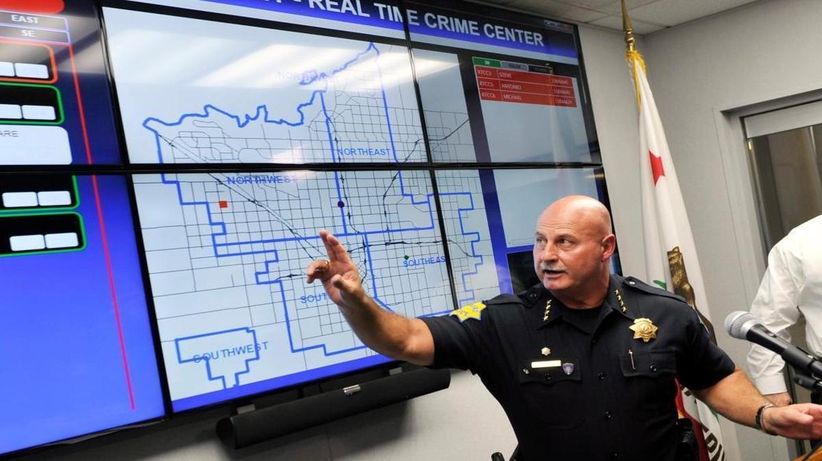 Fresno Police Chief Jerry Dyer describes the Real Time Crime Center, a computer hub located at Fresno’s police headquarters to monitor a network of cameras and sensors throughout city streets, in this July 2015 file photo. The Fresno City Council on Thursday rejected Dyer’s request for a contract to use computer software to sift through public records for information connected to addresses in 911 emergency calls.