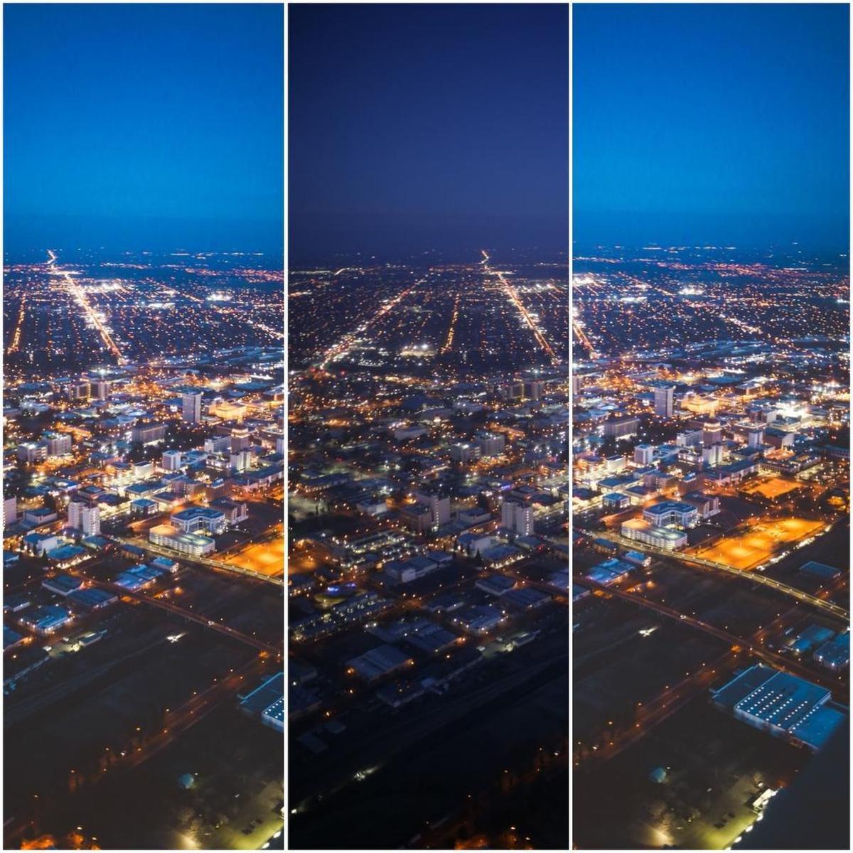 Photographer Brian Diener the differences between the aerial photos of downtown Fresno that were edited (on the left and right) and the original photo (center).