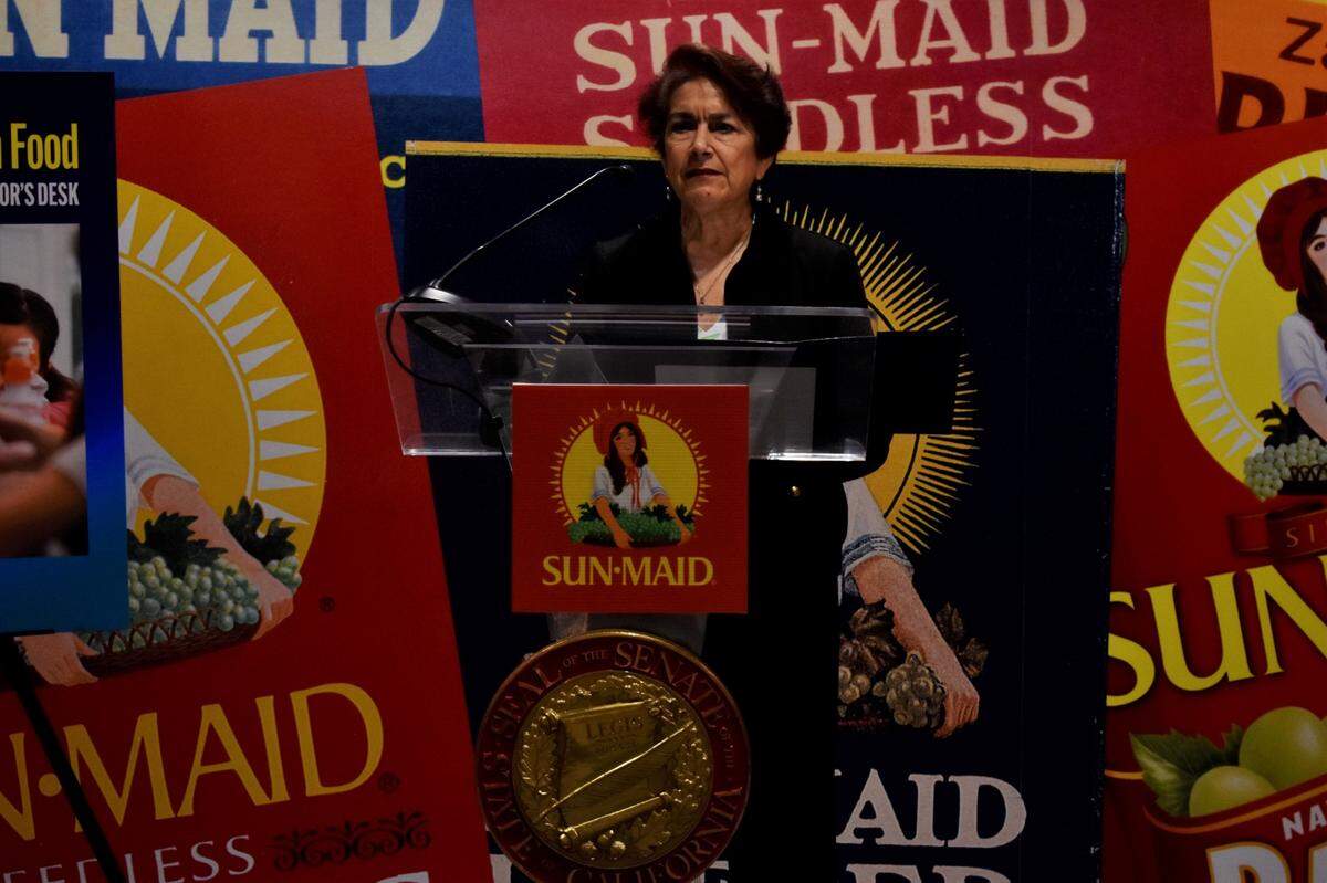 California State Senator Anna Caballero speaks during a press conference in support of the Buy American Food Act on Sept. 14, 2022 at Sun-Maid Growers of California headquarters in Fresno. She’s the lead author of the Act (SB 490) and was part of the joint effort with farmers and farmworkers where they called on Gov. Gavin Newsom to sign the bill.