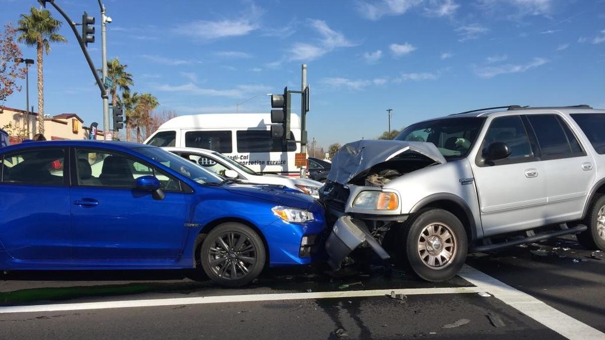 A three-car crash at Herndon and Ingram avenues in northwest Fresno left one person complaining of pain Sunday morning, the Fresno Police Department said. Two others were unhurt.
