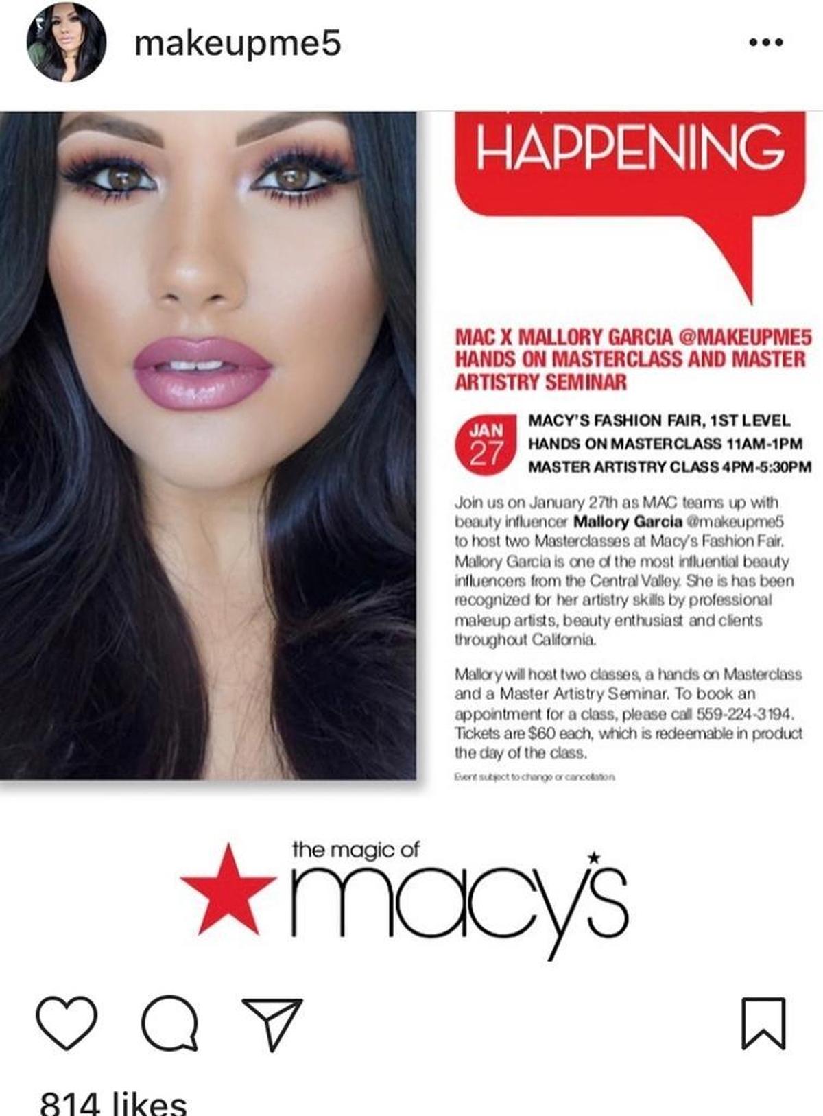 A couple of spots remain available for Mallory Garcia’s MAC line class that will be held Jan. 27 at Macy’s in Fashion Fair. Garcia is a MAC alum and has more than 100,000 followers on Instagram.
