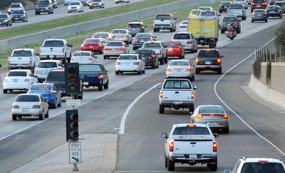 Traffic merges onto southbound Highway 41 on the Shaw Avenue on-ramp in Fresno.
