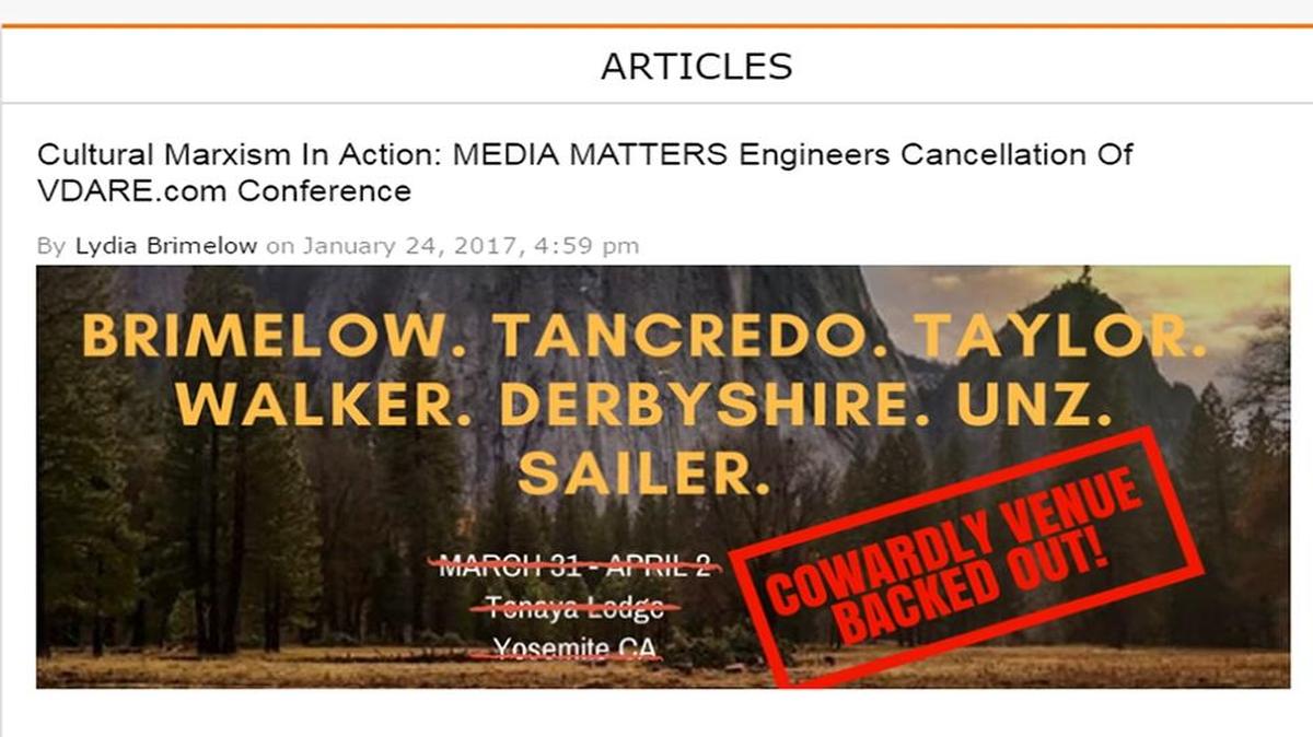 An image and story referring to the cancellation of VDare Foundation’s conference at Tenaya Lodge was posted on the organization’s website.