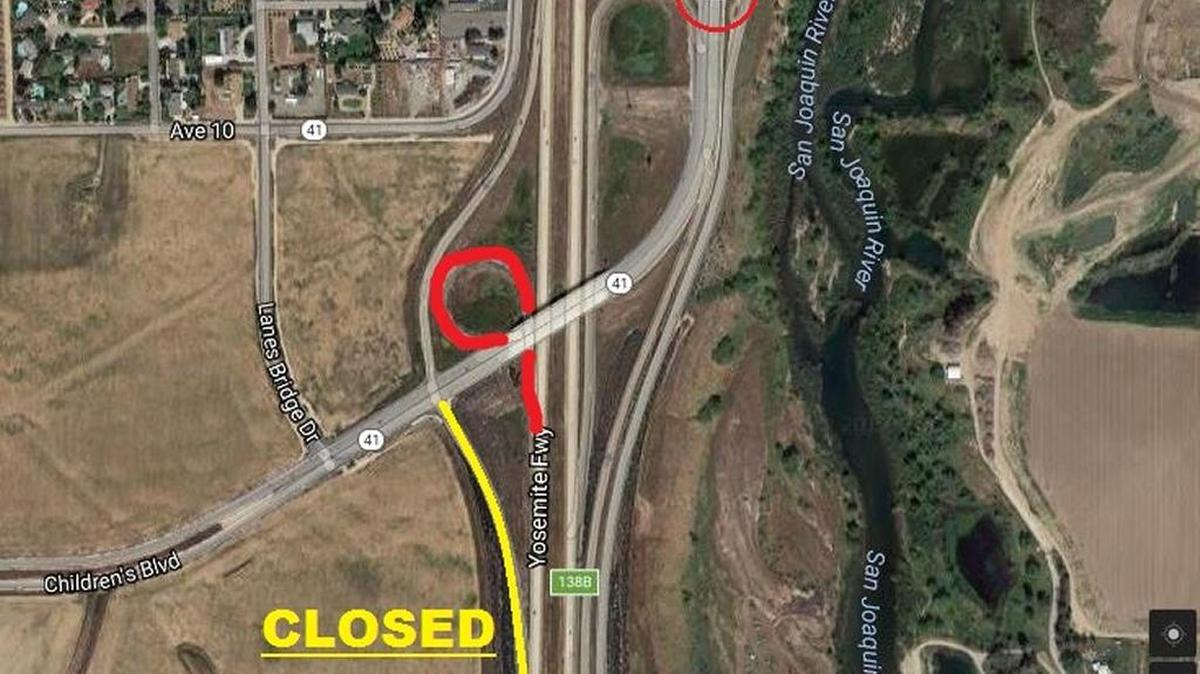 This aerial image from Caltrans shows, in red, how traffic leaving Valley Children’s Hospital can access an onramp to southbound Highway 41.