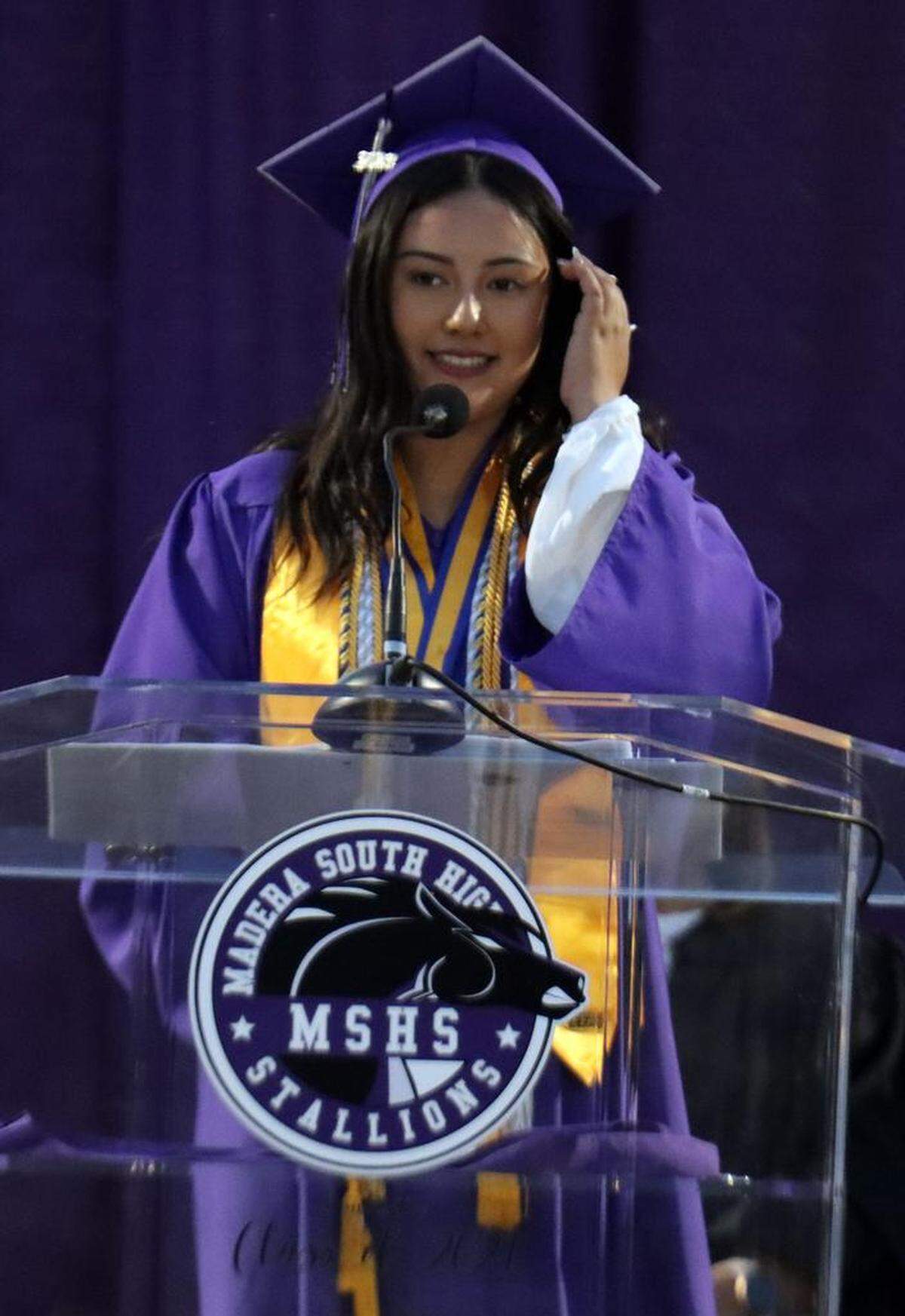 Madera South High graduate Morelia Vierya Santana spoke during the graduation ceremony at Madera Memorial Stadium on June 7, 2023.
