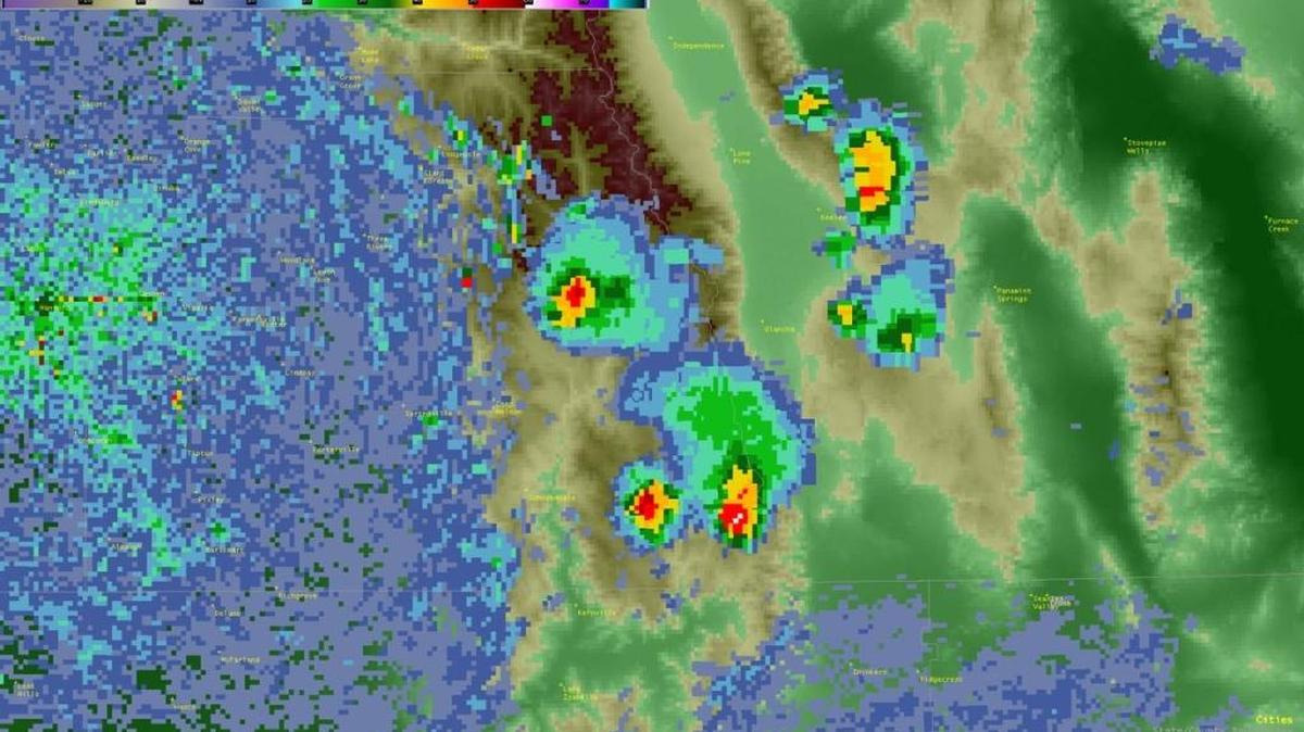 The National Weather Service office in Hanford reported quarter-inch hail Tuesday afternoon in the southeastern Tulare County mountains. This radar image shows the eastern side of Tulare County and part of the Sierra. The areas with red reflect storm activity.