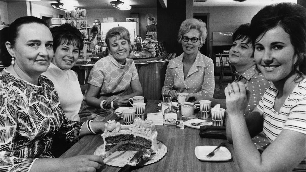 The Fresno Bee features staff gathers to celebrate a birthday in the 1970s: left to right, Diane Webster Armstrong, Gail Marshall, Desa Belyea, Bette Tambling, Linda Koch and Kathy Barberich.