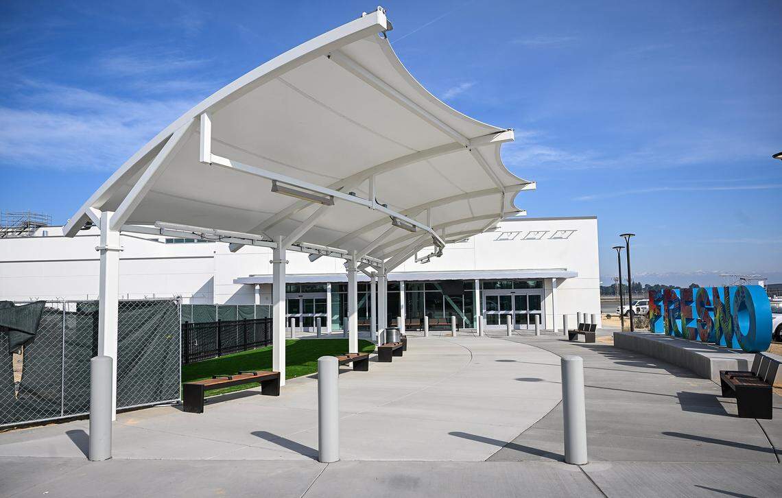The International arrivals plaza is shown outside Fresno Yosemite International Airport's main terminal entrance, part of a $150 million expansion project at Fresno Yosemite International Airport.
