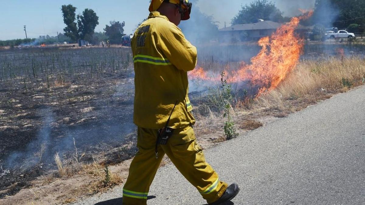 Fresno Fire Captain Michael Zimmerman observes a grass fire burning out at the southeast corner of Church and Marks Avenues Monday afternoon in Fresno. Zimmerman said Fresno Fire was the first to respond followed by Fresno County Fire.