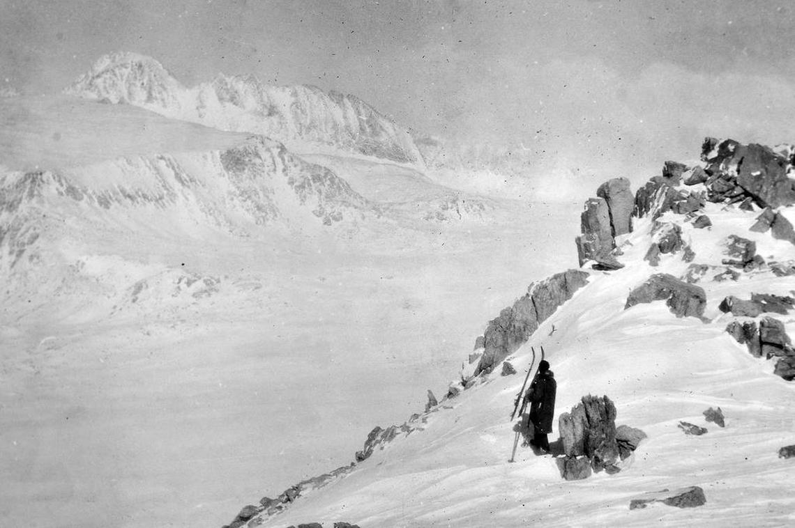 On his journey to Mt. Whitney, Orland Bartholomew took this photograph of himself with the camera on a timer. The caption of the photo reads: “Diamond Mesa Junction Peak from west slope of Mt. Tundall, Jan. 1929.” He is the first known person to do a solo winter ascent of Mt. Whitney.