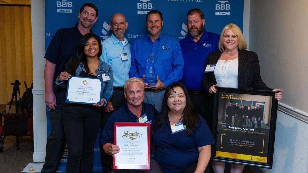 Quality Home Services received the Distinguished Ethics in the Marketplace award from Fresno State and the Better Business Bureau on Wednesday, May 8, 2019.