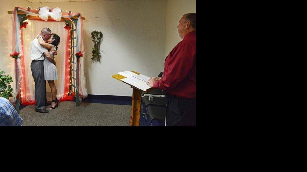 Jeff Boerhoff and Terri Aday of Clovis are married by Deputy Commissioner of Marriages Russ Chappell during a Valentine’s Day service at the Fresno County Clerk’s office in downtown Fresno on Saturday, Feb. 14, 2015. 