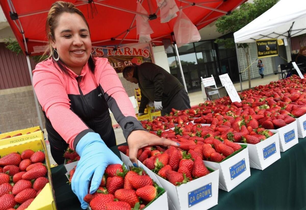 Yanira Ortiz of Chay’s Farms in Watsonville puts out strawberries during the Market on Kern farmer’s market in April 2017.