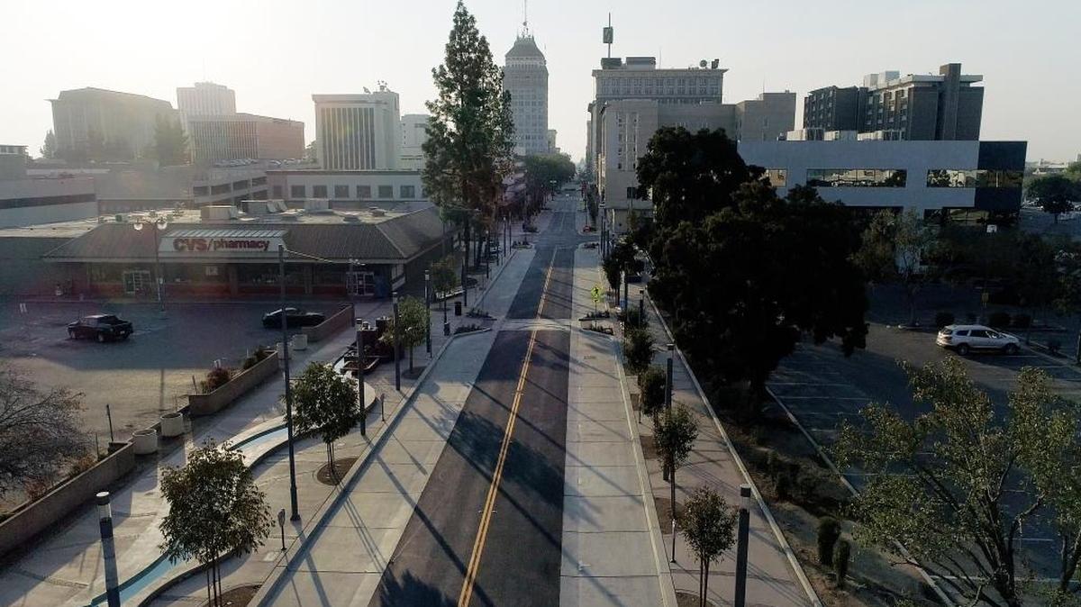 A look south on Fulton Street near Tuolumne Street in downtown Fresno is observed in this aerial drone image photographed in October.