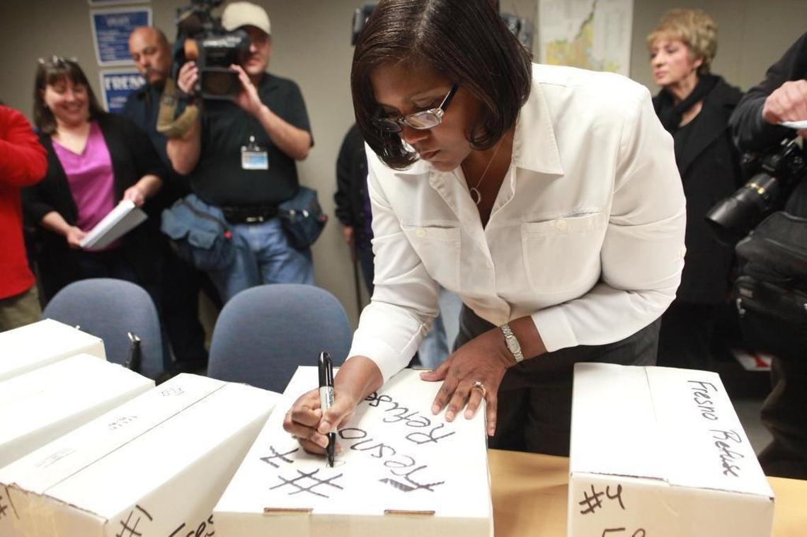 Fresno City Clerk Yvonne Spence checks the count on election petitions at Fresno City Hall in this file photo.